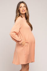 Light Pink Ribbed Mock Neck Long Sleeve Maternity Dress