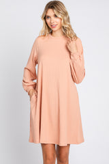 Light Pink Ribbed Mock Neck Long Sleeve Maternity Dress