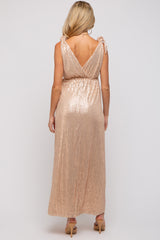 Beige Sequin Sleeveless Wrap V-Neck Maternity Gown