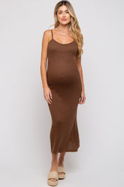 Brown Open Knit Crochet Maternity Midi Dress