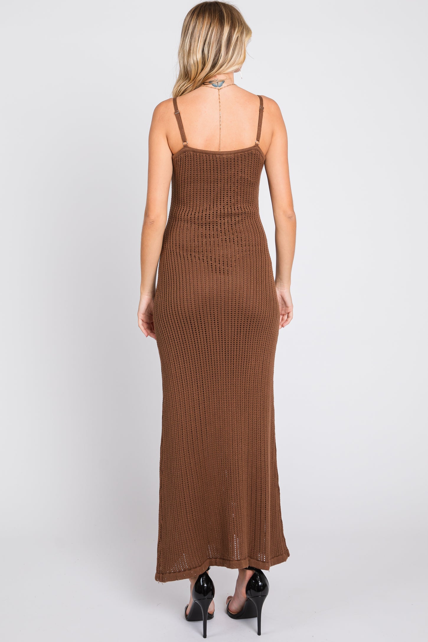 Brown Open Knit Crochet Midi Dress
