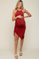 Rust Ruched Side Asymmetrical Maternity Midi Dress