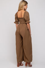 Brown Smocked Square Neck Wide Leg Maternity Jumpsuit