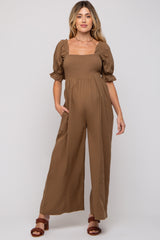 Brown Smocked Square Neck Wide Leg Maternity Jumpsuit