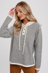 Black Striped Drawstring Hooded Sweater