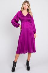 Purple Satin Smocked and Pleated Midi Dress