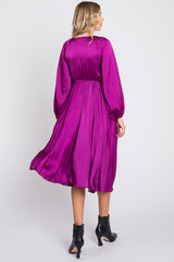 Purple Satin Smocked and Pleated Midi Dress
