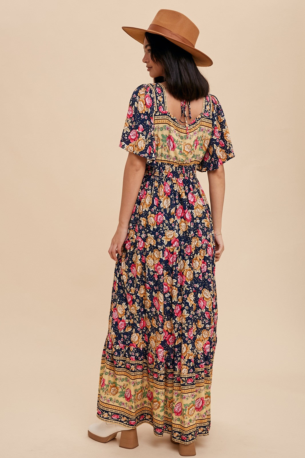 Navy Floral Border Print Square Neck Maxi Dress