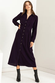 Plum Button-Up Cinched Midi Dress