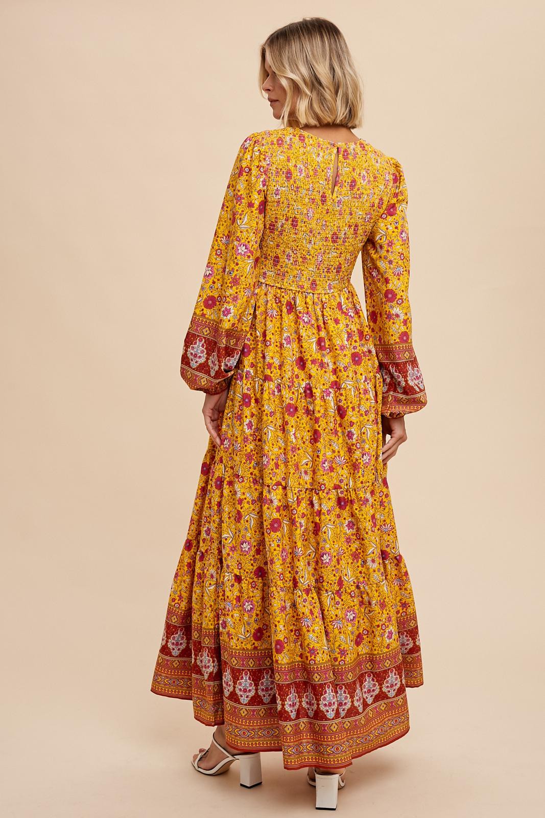 Gold Floral Smocked Tiered Maxi Dress