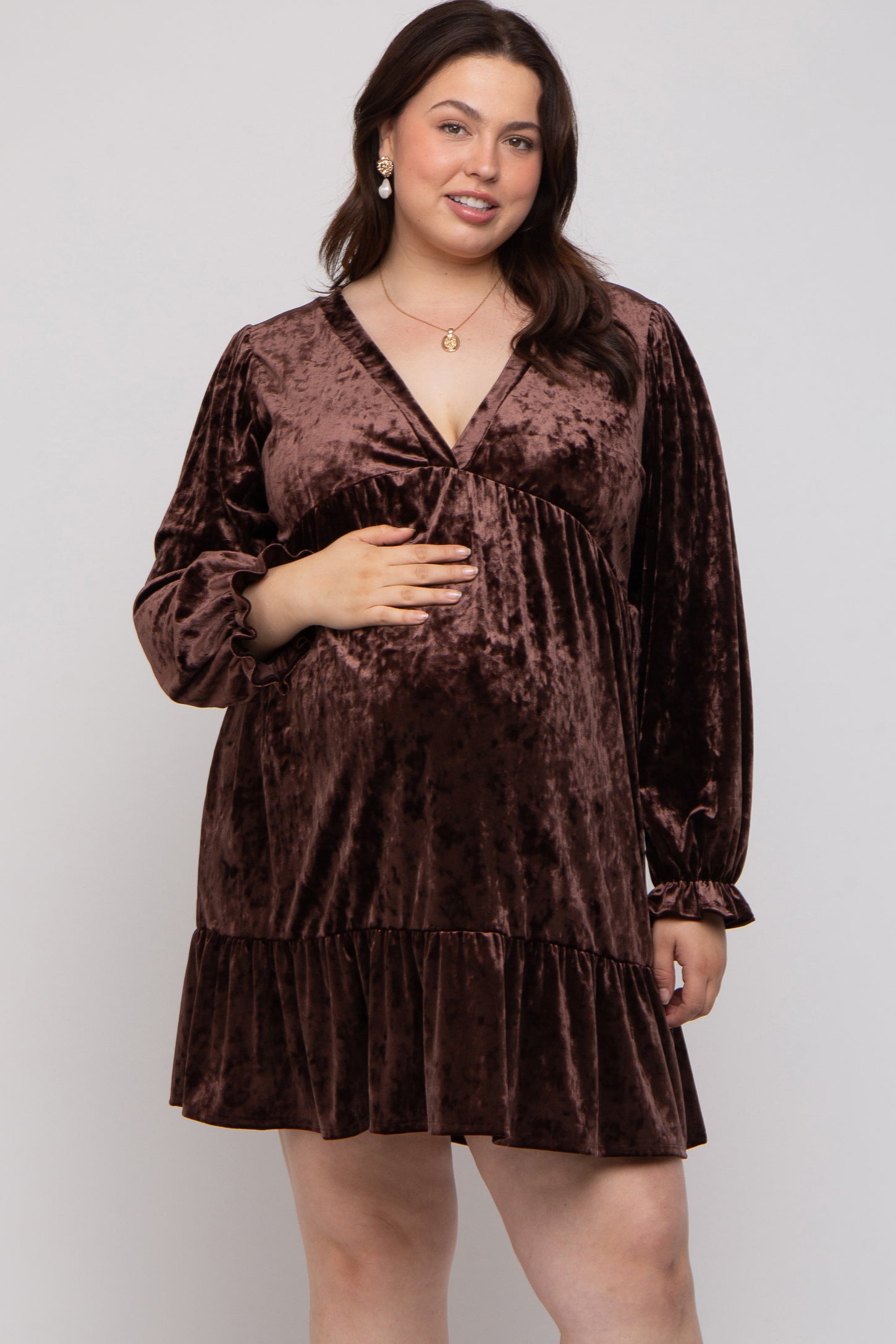 Brown Velvet Long Sleeve Maternity Plus Dress
