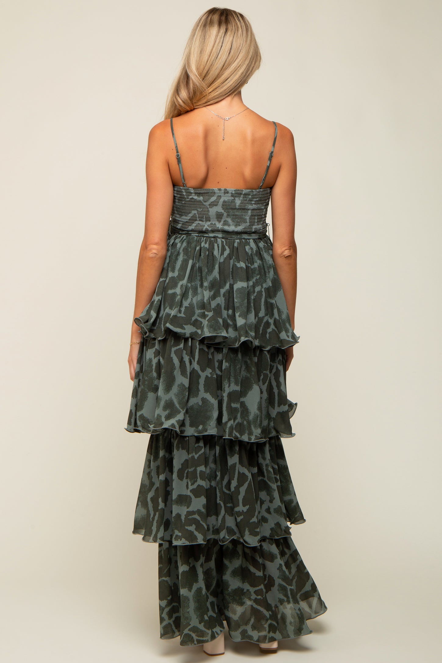 Olive Animal Print Flounce Tier Maternity Maxi Dress