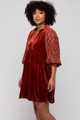 Rust Velvet Lace Sleeve Collared Tiered Dress