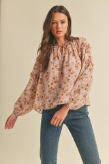 Dusty Pink Floral Ruffle Long Sleeve Top