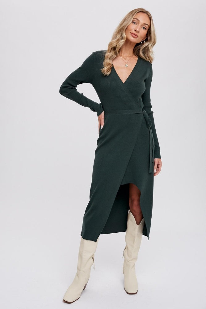 Hunter Green Ribbed Wrap Sweater Dress