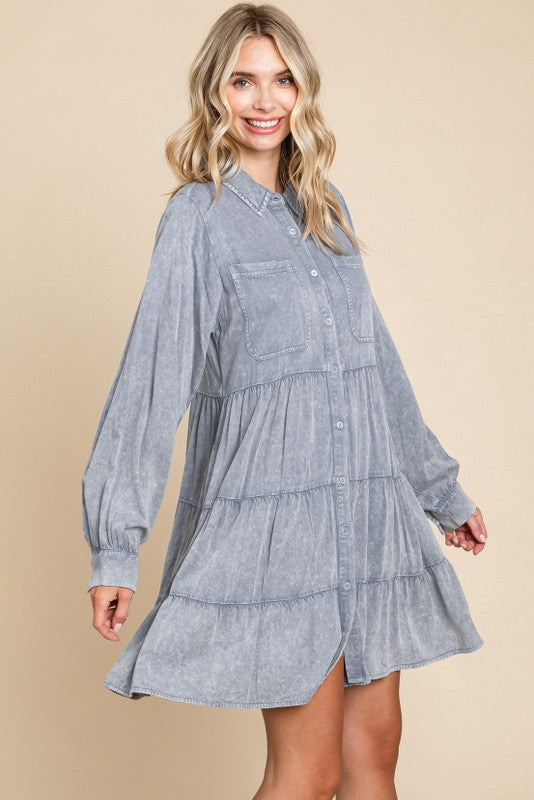 Blue Button Down Tiered Long Sleeve Dress