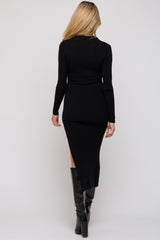 Black Ribbed Collared Fitted Side Slit Maternity Midi Dress