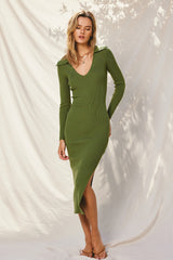 Green Ribbed Collared Fitted Side Slit Maternity Midi Dress