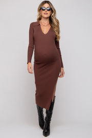 Brown Ribbed Collared Fitted Side Slit Maternity Midi Dress