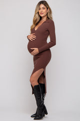 Brown Ribbed Collared Fitted Side Slit Maternity Midi Dress