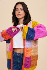 Multi-Color Checkered Thick Knit Cardigan