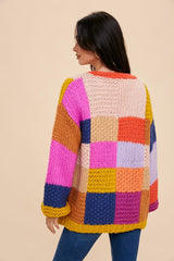 Multi-Color Checkered Thick Knit Cardigan