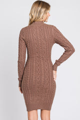 Mocha Cable Knit Mock Neck Long Sleeve Sweater Dress