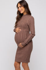 Mocha Cable Knit Mock Neck Long Sleeve Maternity Sweater Dress