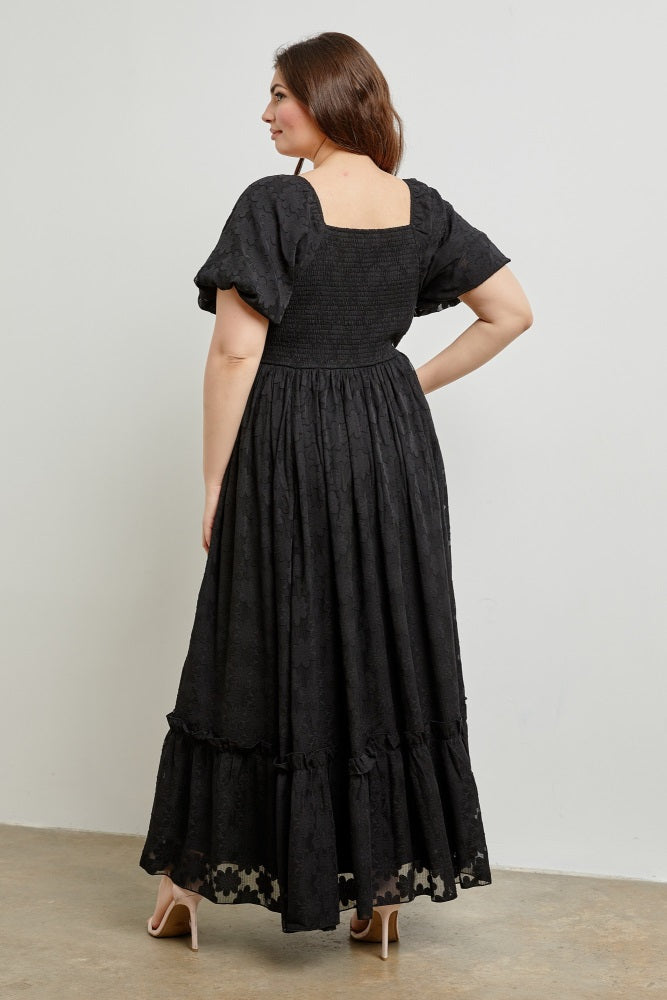 Black Floral Chiffon Smocked Square Neck Plus Maxi Dress