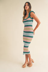 Teal Striped Sweater Knit Shoulder Tie Maternity Midi Dress