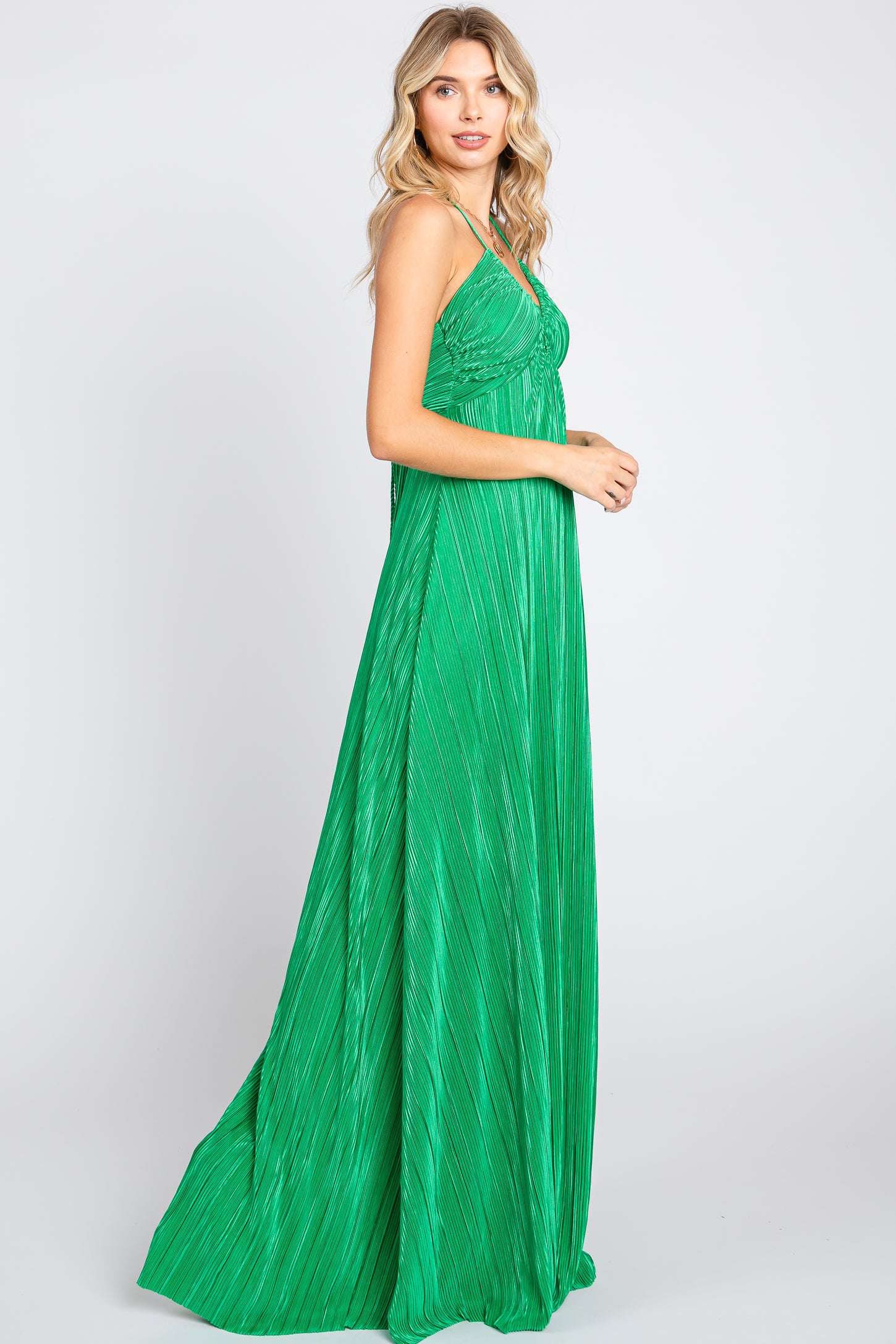 Green Plisse Halter Back Tie Maxi Dress