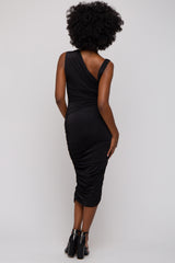 Black Asymmetrical Ruched Midi Dress