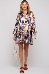 Navy Print Button Down Puff Sleeve Maternity Dress