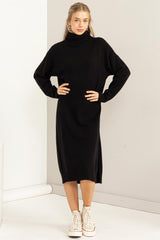 Black Turtleneck Side Slit Sweater Maternity Midi Dress