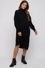 Black Turtleneck Side Slit Sweater Maternity Midi Dress
