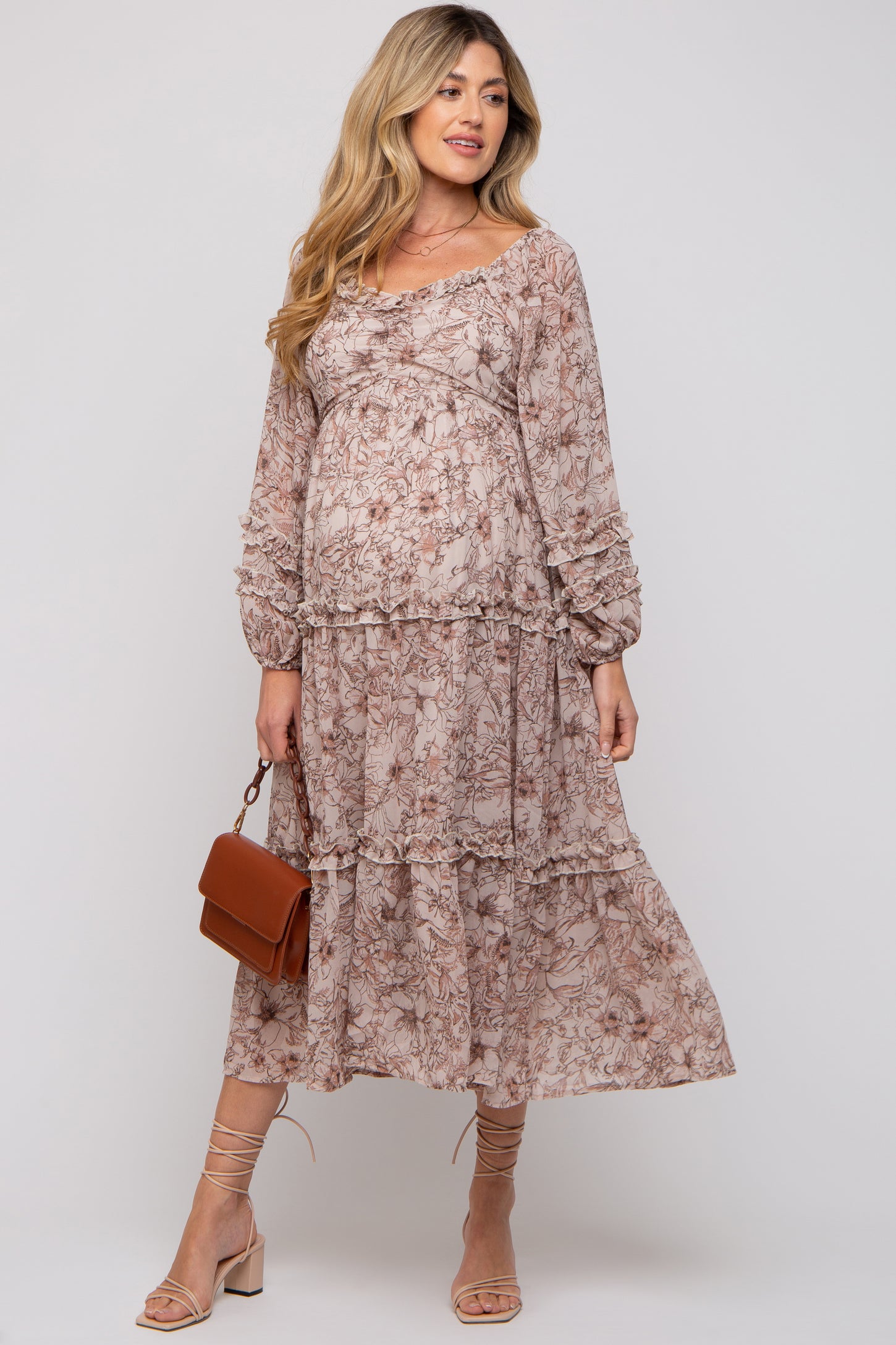 Mauve Floral Chiffon Sweetheart Neck Ruffle Tiered Maternity Midi Dress
