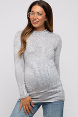 Grey Striped Long Sleeve Mock Neck Maternity Top
