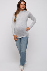 Grey Striped Long Sleeve Mock Neck Maternity Top