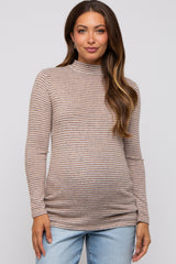Taupe Striped Long Sleeve Mock Neck Maternity Top