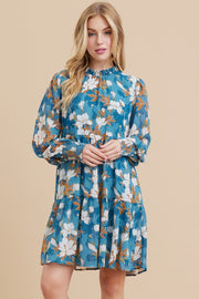 Blue Floral Chiffon Ruffle Mock Neck Tiered Dress