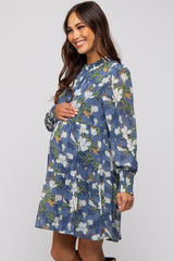 Blue Floral Chiffon Ruffle Mock Neck Tiered Maternity Dress