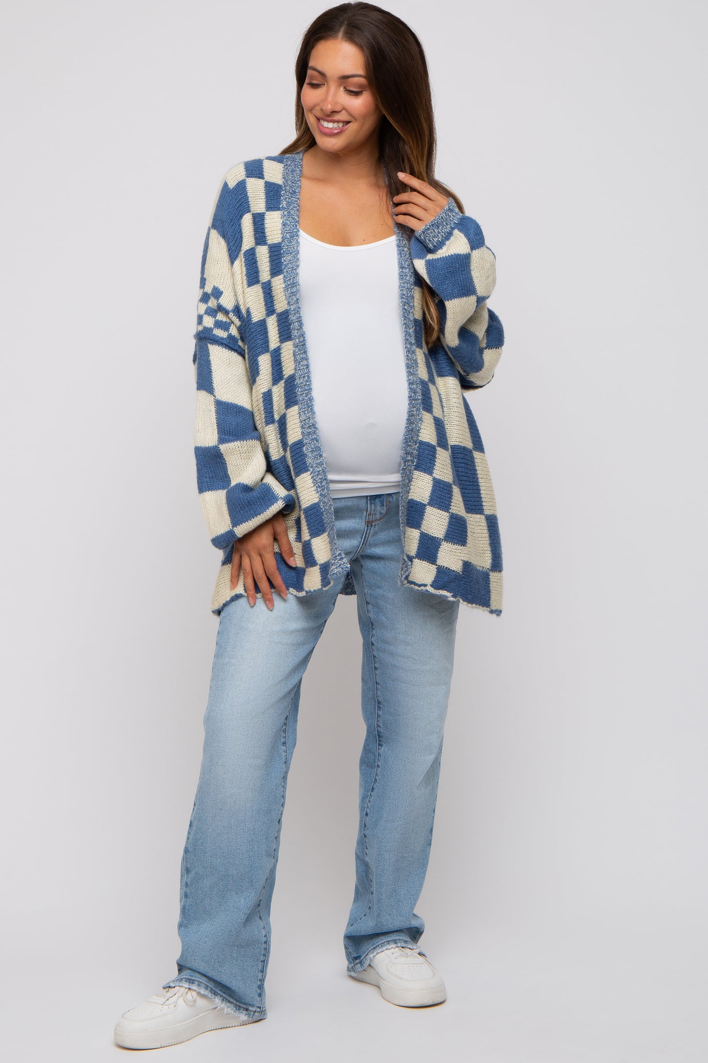 Blue Checkered Plaid Maternity Oversized Cardigan