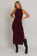 Burgundy Sleeveless Mock Neck Maternity Midi Dress