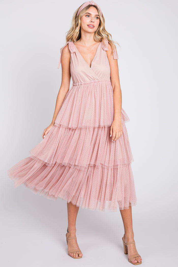 Pink Sleeveless Tiered Tie Strap Tulle Midi Dress