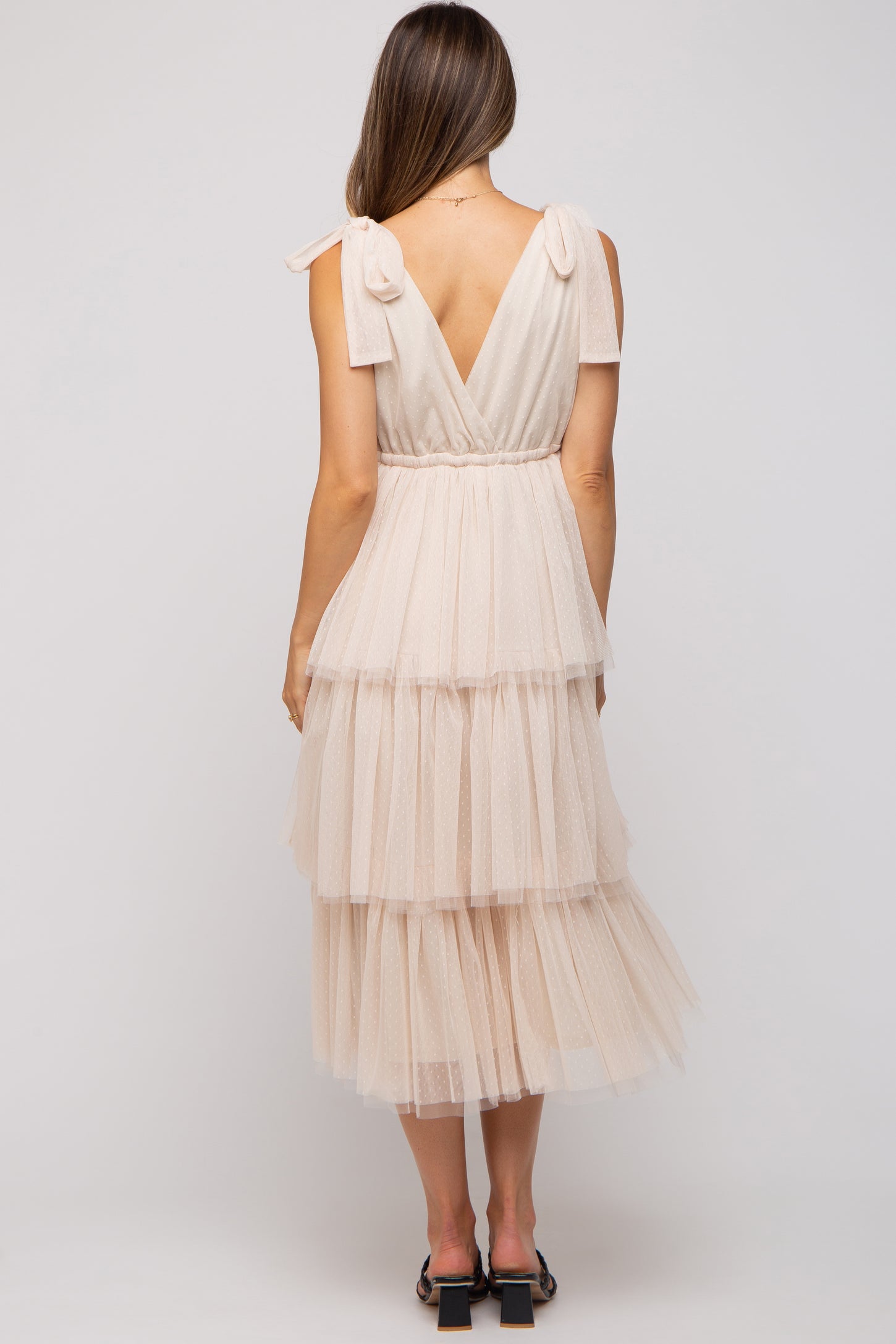 Cream Sleeveless Tiered Tie Strap Tulle Maternity Midi Dress