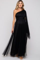 Black One Shoulder Pleated Mesh Maternity Gown