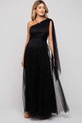Black One Shoulder Pleated Mesh Maternity Gown