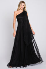 Black One Shoulder Pleated Mesh Gown