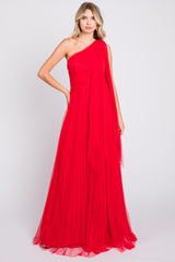 Red One Shoulder Pleated Mesh Gown