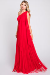 Red One Shoulder Pleated Mesh Gown